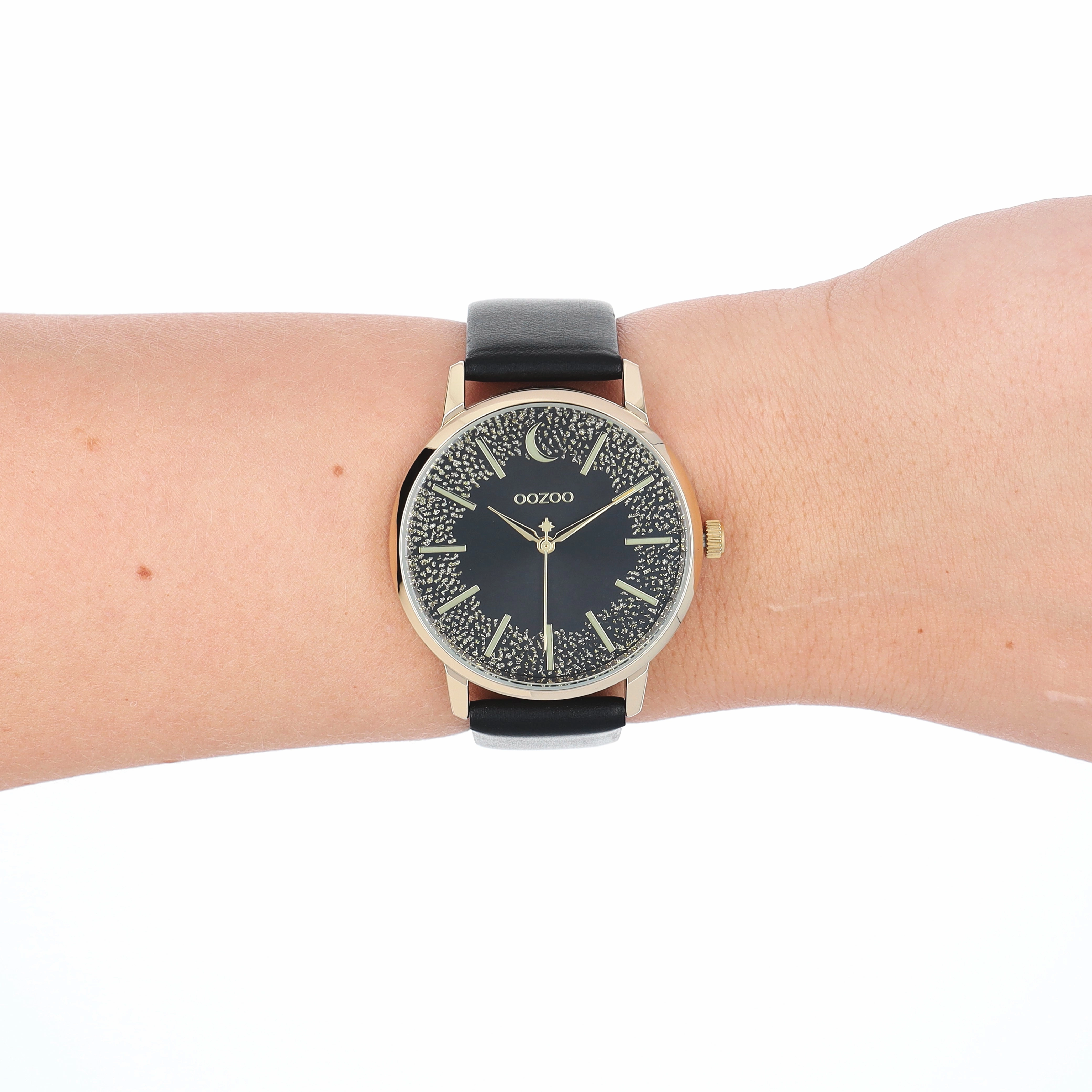 Gold coloured OOZOO watch with black leather strap - C11044