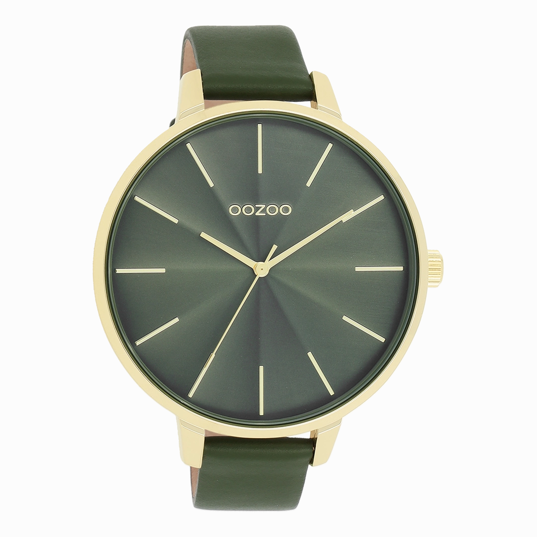 Gold coloured OOZOO watch with forest green leather strap - C11257