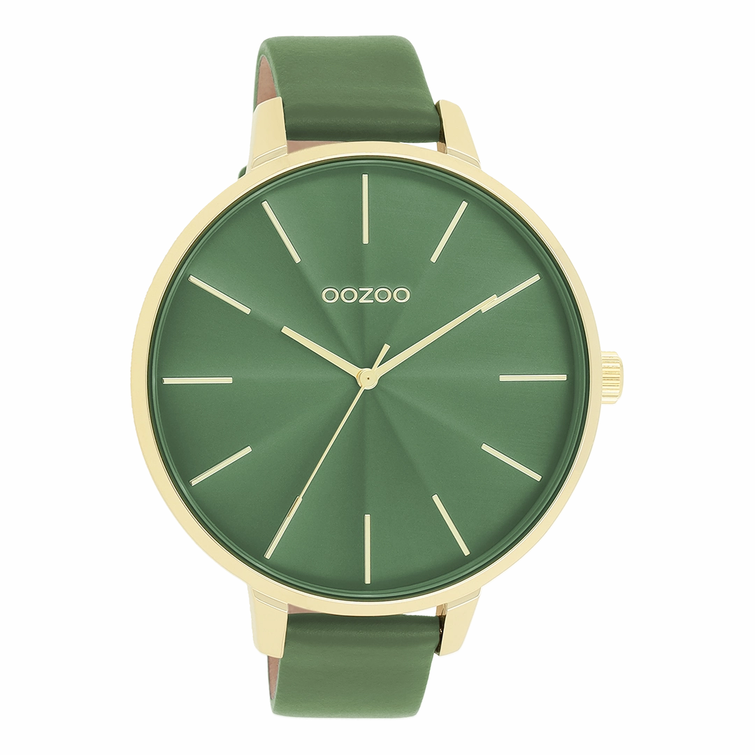 Gold coloured OOZOO watch with green leather strap - C11349