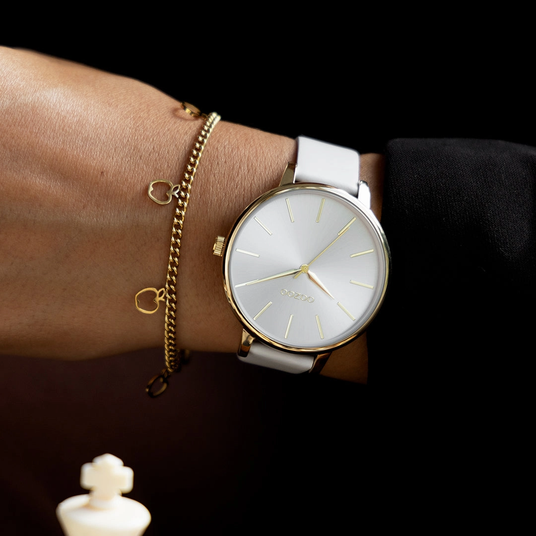 Gold coloured OOZOO watch with light grey leather strap - C11290