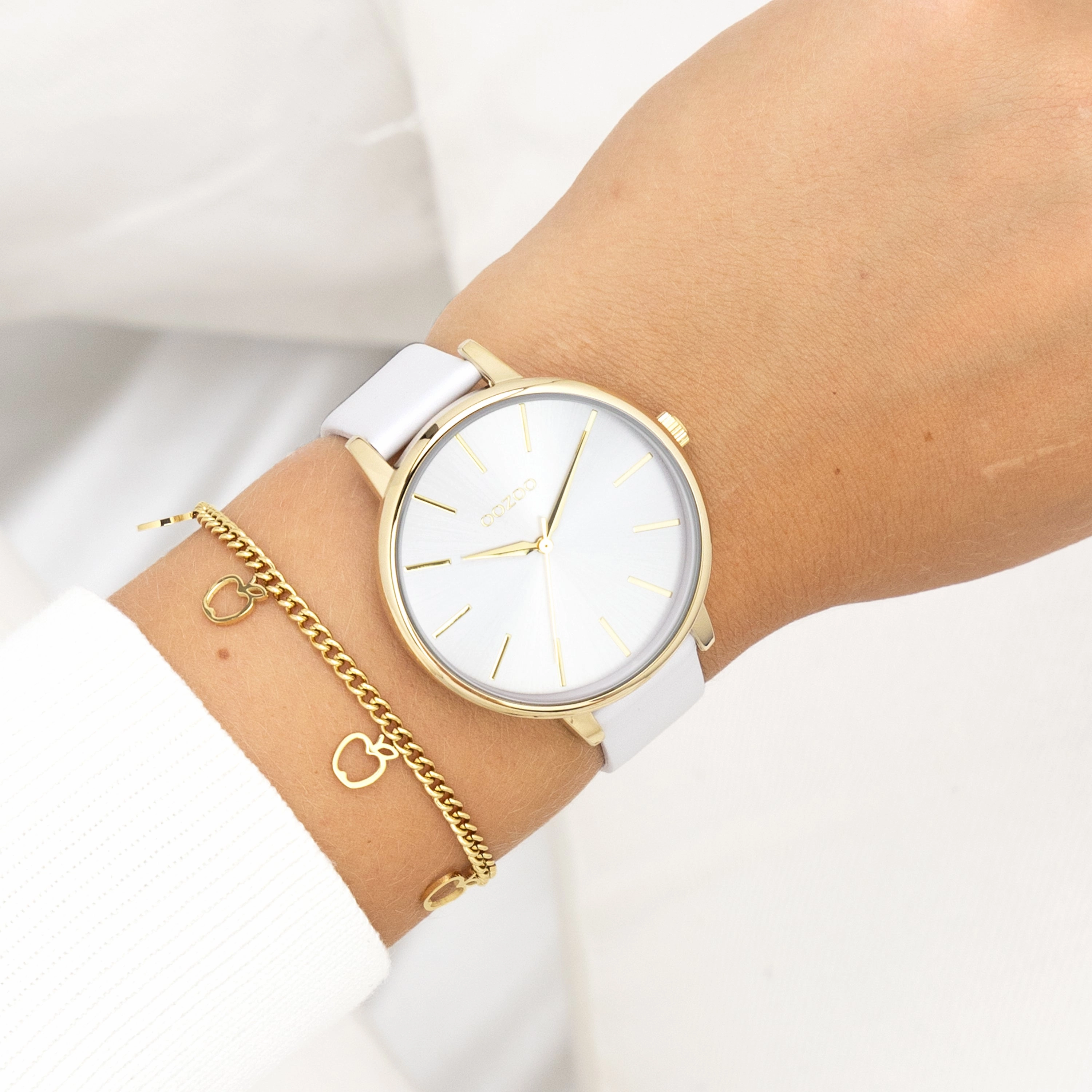 Gold coloured OOZOO watch with light grey leather strap - C11290