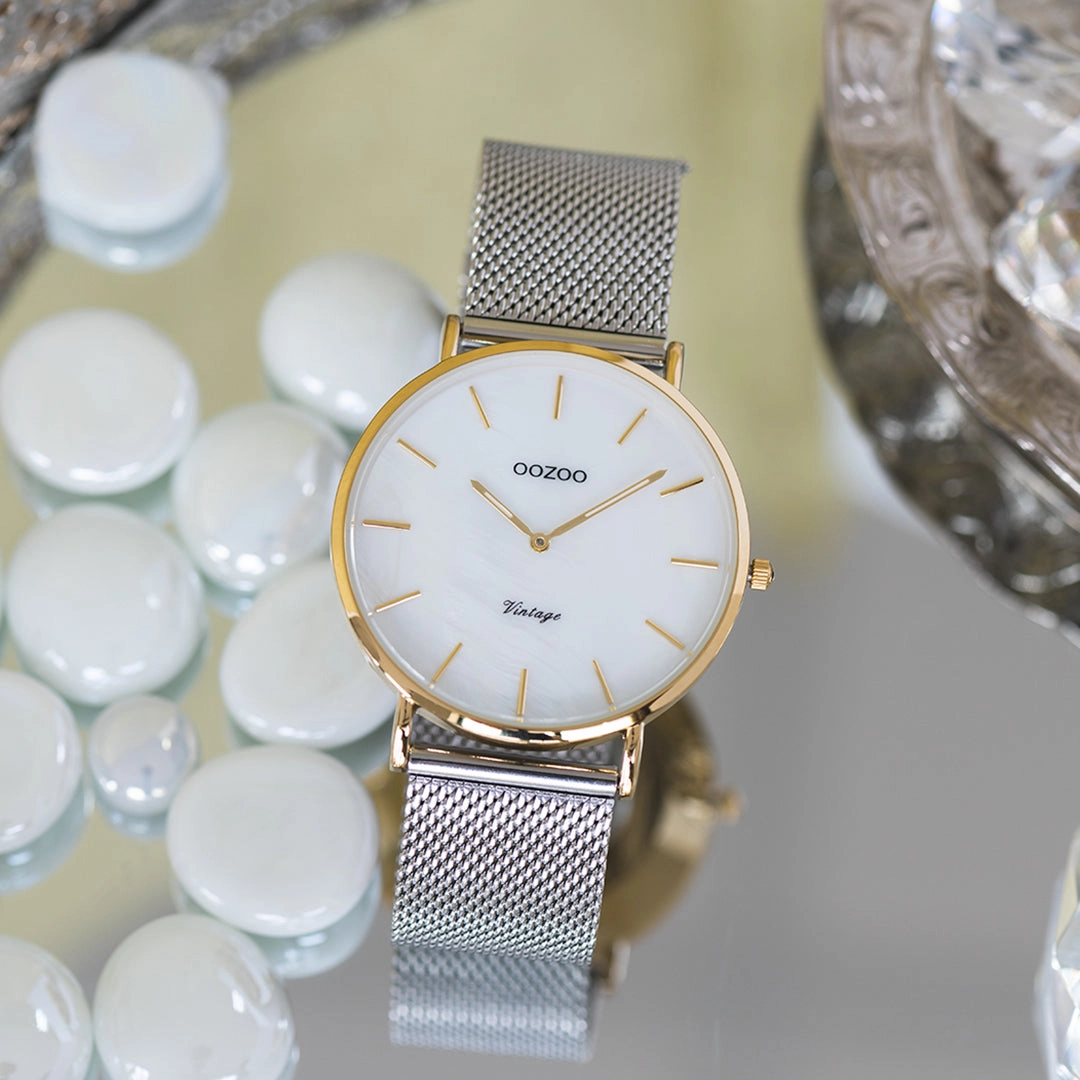 Gold coloured OOZOO watch with silver coloured metal mesh bracelet - C20124