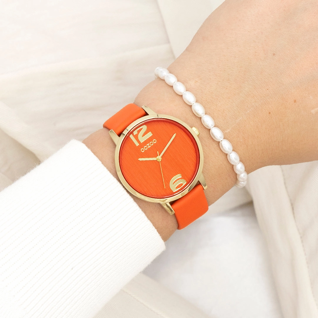Gold coloured OOZOO watch with warm orange leather strap - C11341