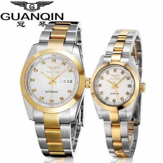 GUANQIN Gold Couple Watch Men Women Mechanical Watch Luminous Calendar Week Waterproof Rhinestones Automatic Lovers Watches