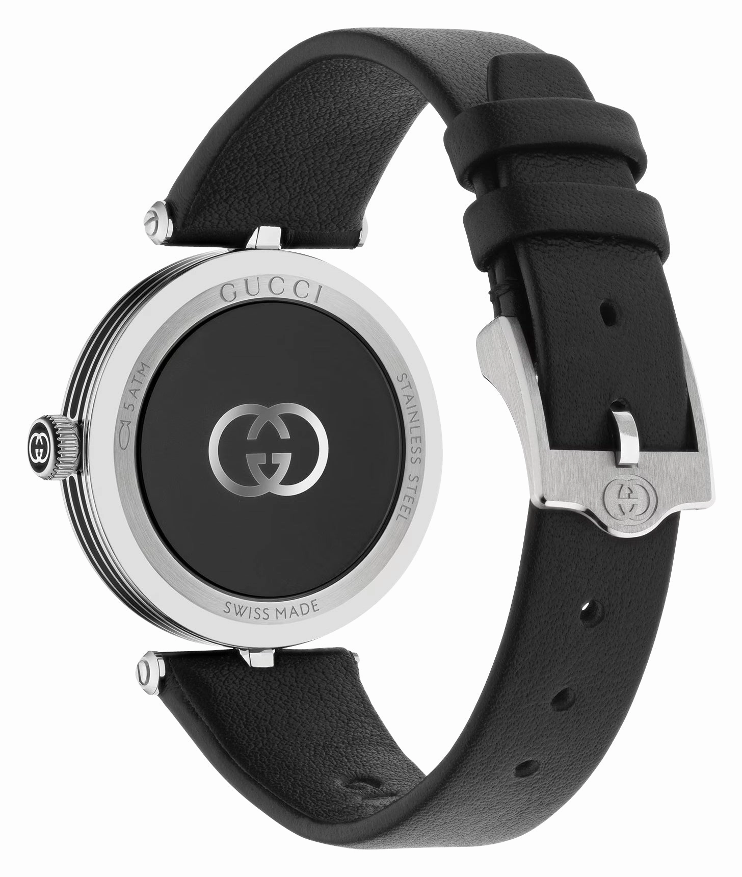 Gucci Model 2000 Stainless Steel Black Dial Black Leather Strap Quartz Womens Watch YA167505