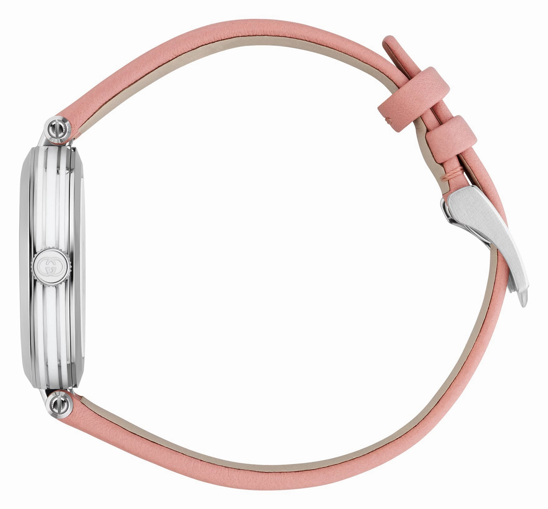 Gucci Model 2000 Stainless Steel Silver Dial Pink Leather Strap Quartz Womens Watch YA167506