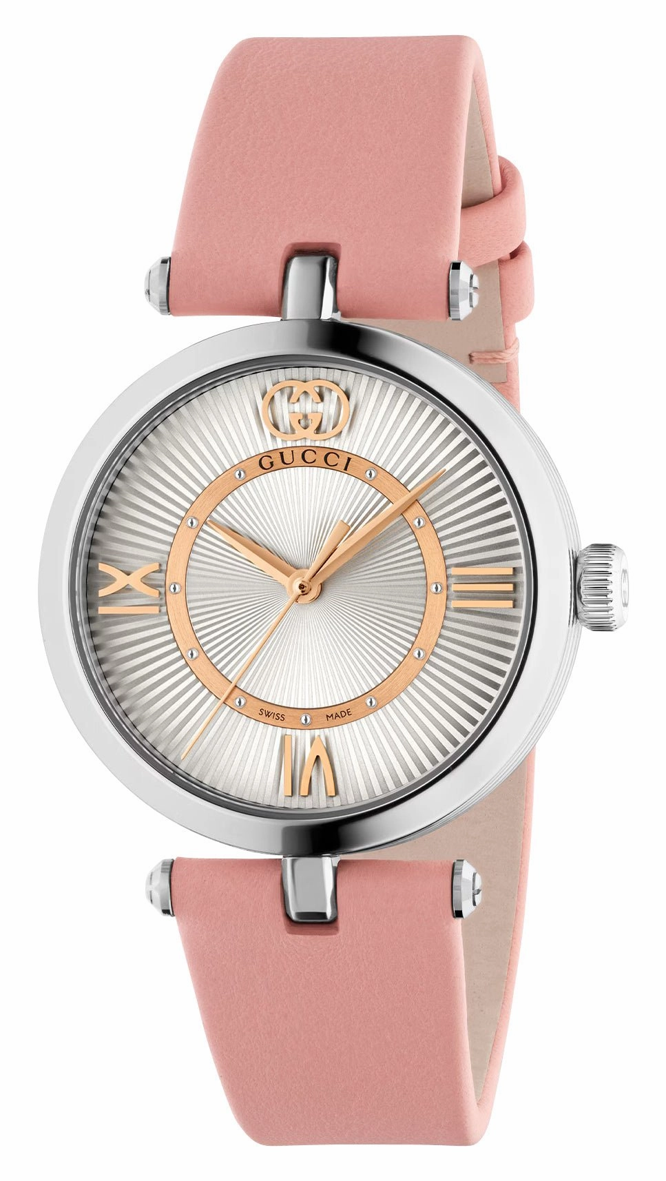 Gucci Model 2000 Stainless Steel Silver Dial Pink Leather Strap Quartz Womens Watch YA167506