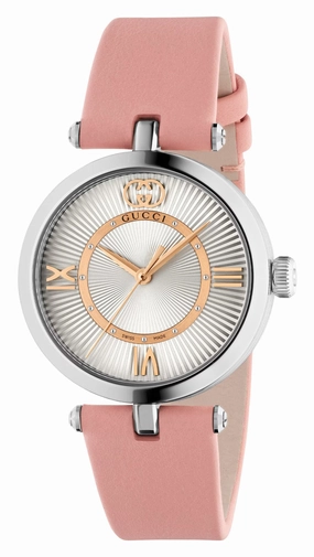 Gucci Model 2000 Stainless Steel Silver Dial Pink Leather Strap Quartz Womens Watch YA167506