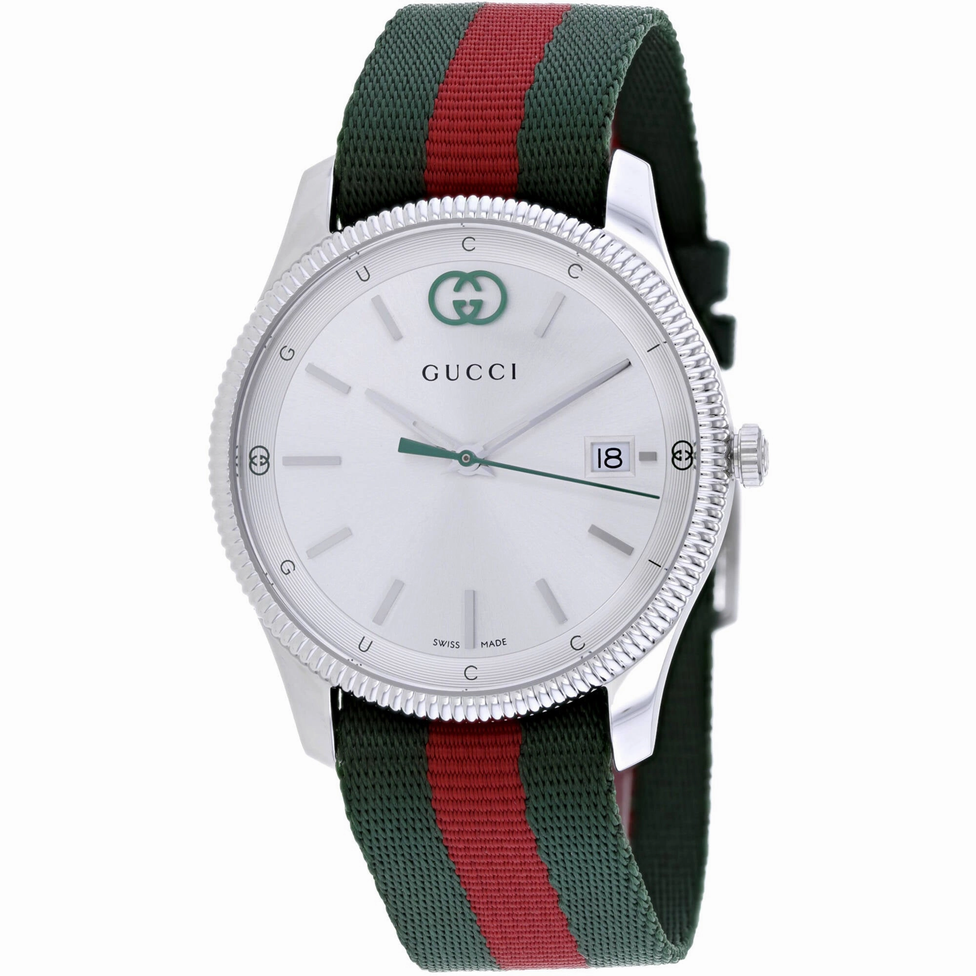 Gucci Women's Watch - G-Timeless Silver Dial Green and Red Nylon Strap | YA1264236