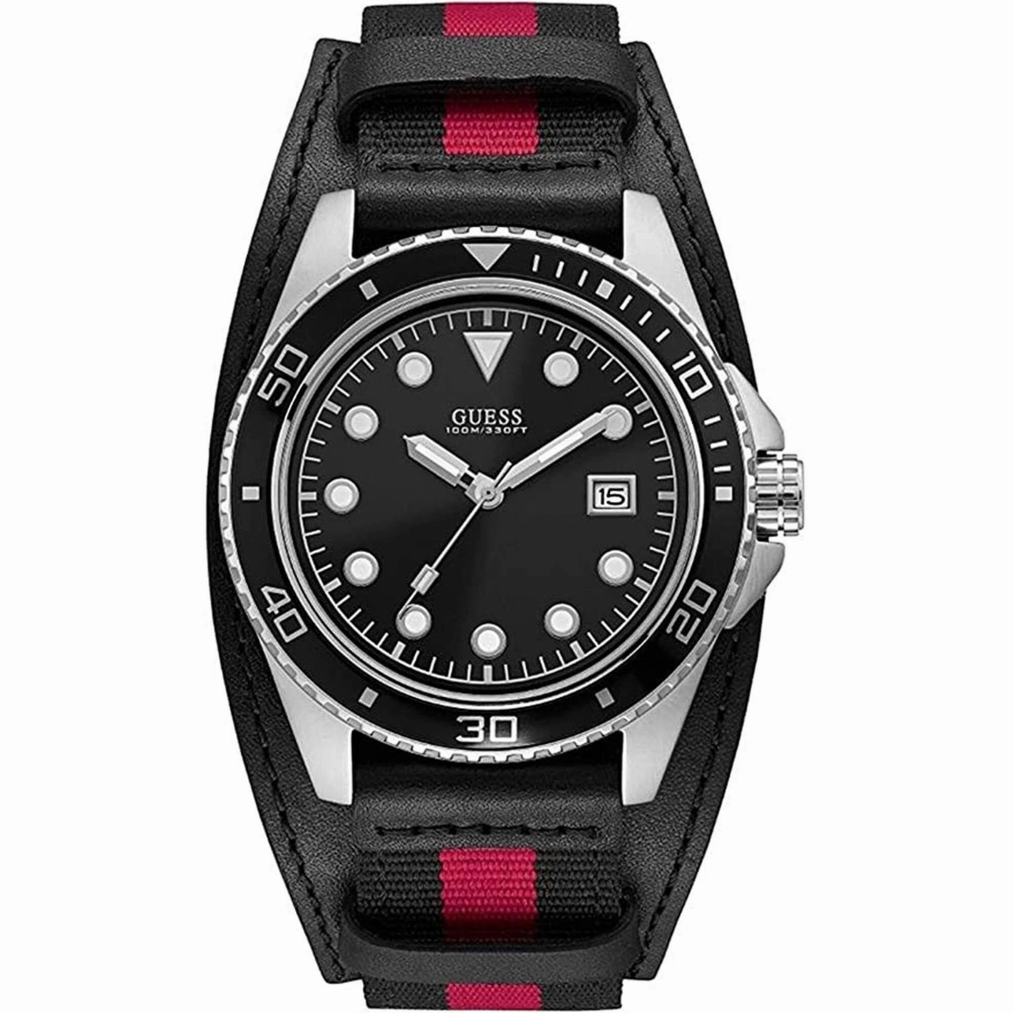 Guess Men's Watch - Classic Quartz Silver Tone Case Black Dial Fabric Strap | W1051G1