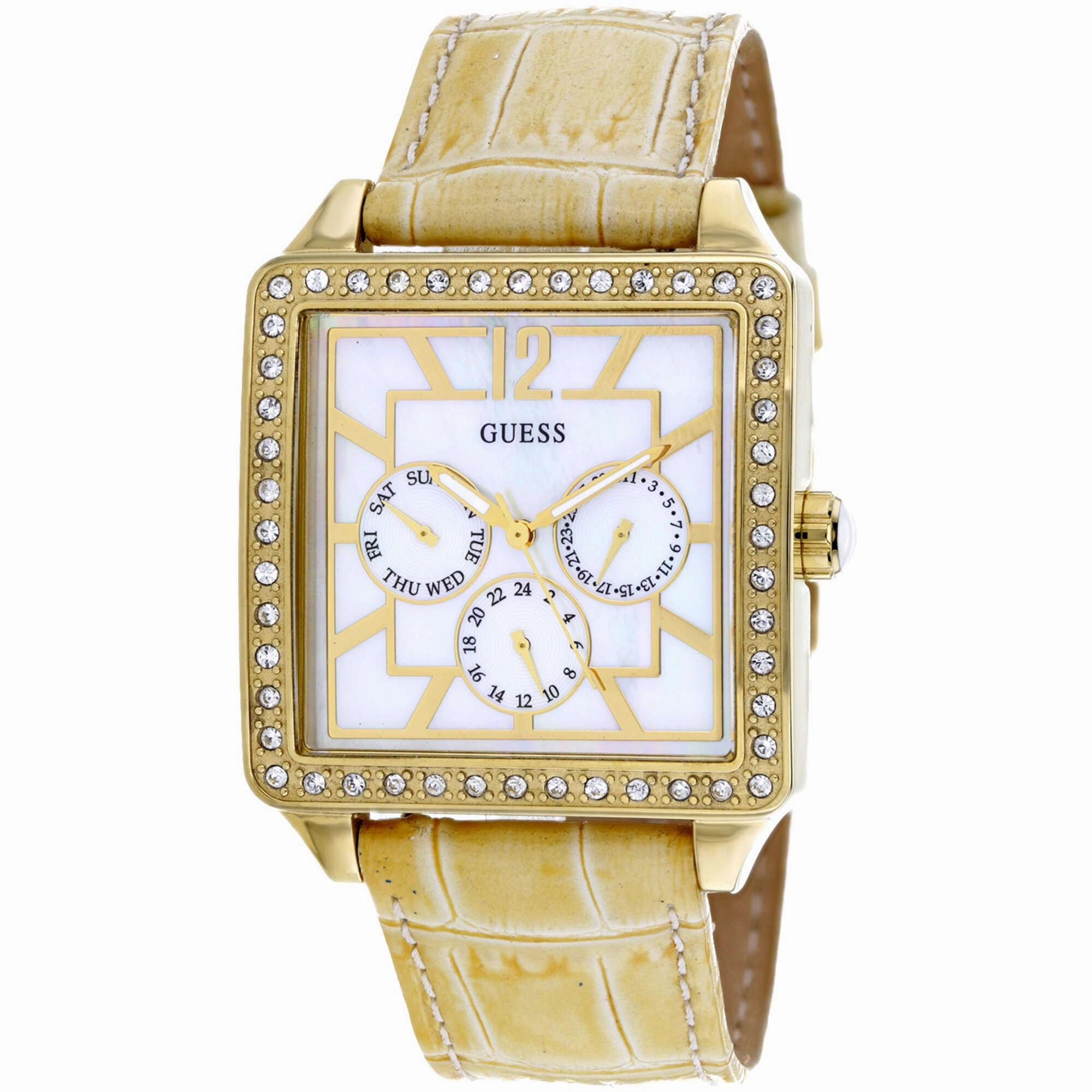 Guess Women's Watch - Sophisticate Quartz Mop Dial White Leather Strap | W15057L1