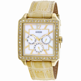 Guess Women's Watch - Sophisticate Quartz Mop Dial White Leather Strap | W15057L1