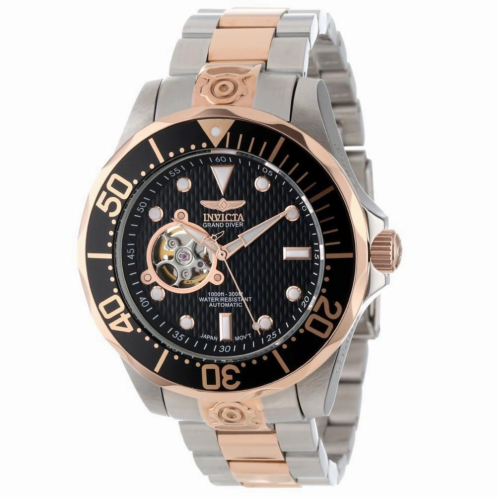 Invicta 13708 Men's Grand Diver Black Dial Two Tone Rose Gold Plated Steel Bracelet Automatic Dive Watch
