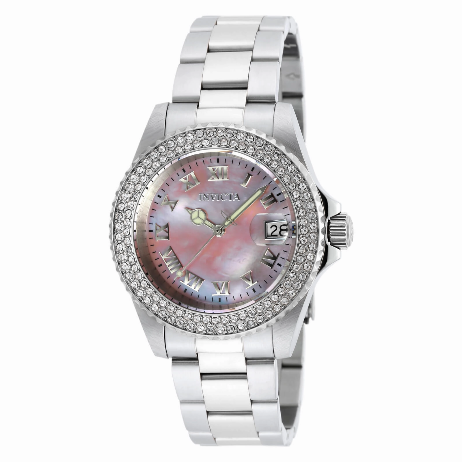 Invicta 19874 Women's Angel Crystal Accented Bezel Pink MOP Dial Steel Bracelet Dive Watch