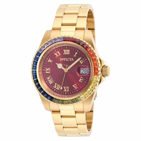 Invicta 20023 Women's Angel Crystal Accented Bezel Burgundy Dial Yellow Gold Steel Dive Watch