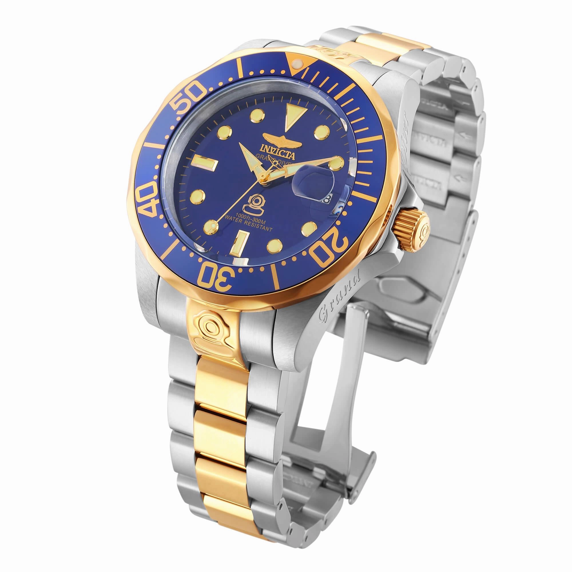 Invicta 3049 Men's Two Tone Yellow Bracelet Automatic Grand Diver Blue Dial Date Watch