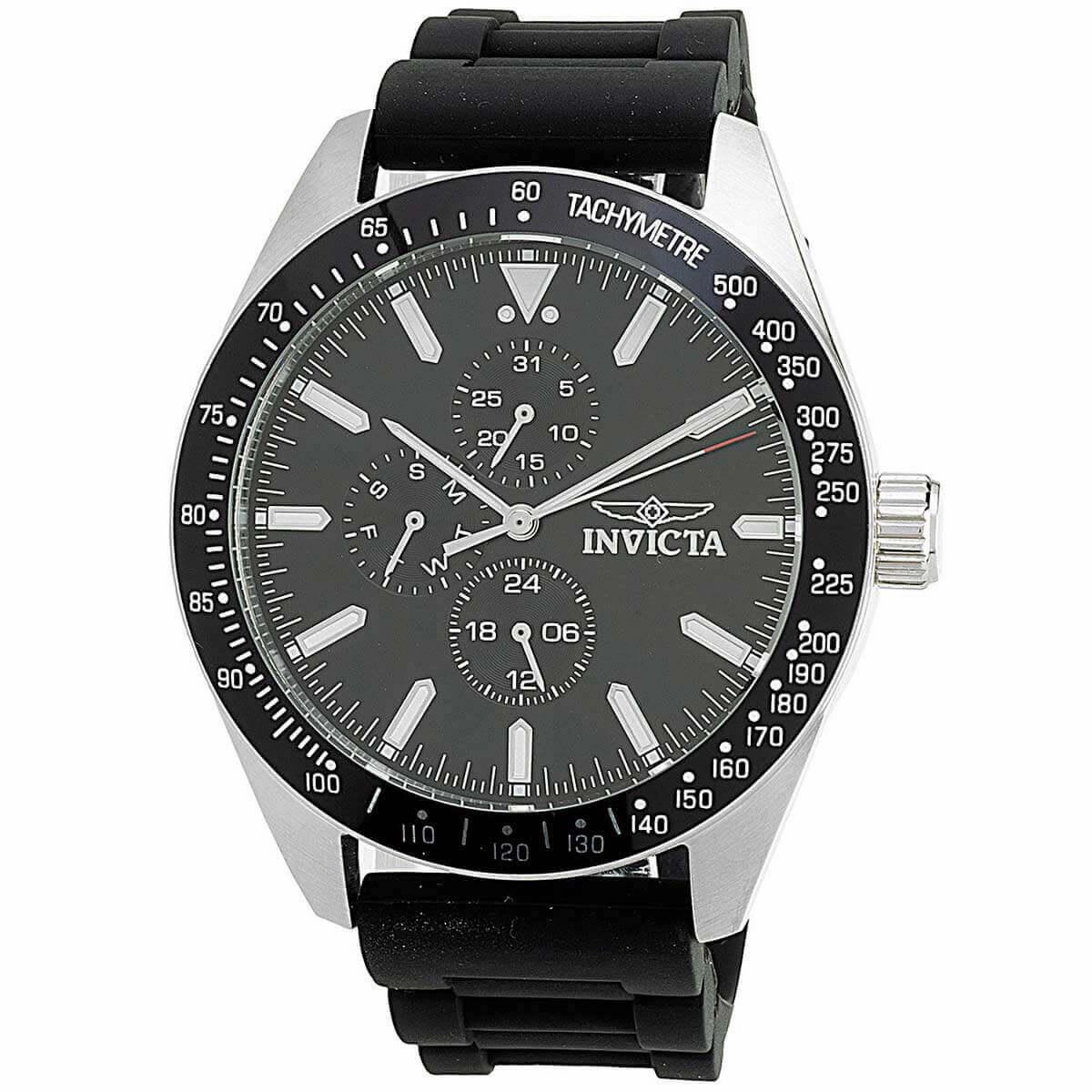Invicta Men's Chrono Watch - Aviator Silver Tone Case Black Silicone Strap | 38402