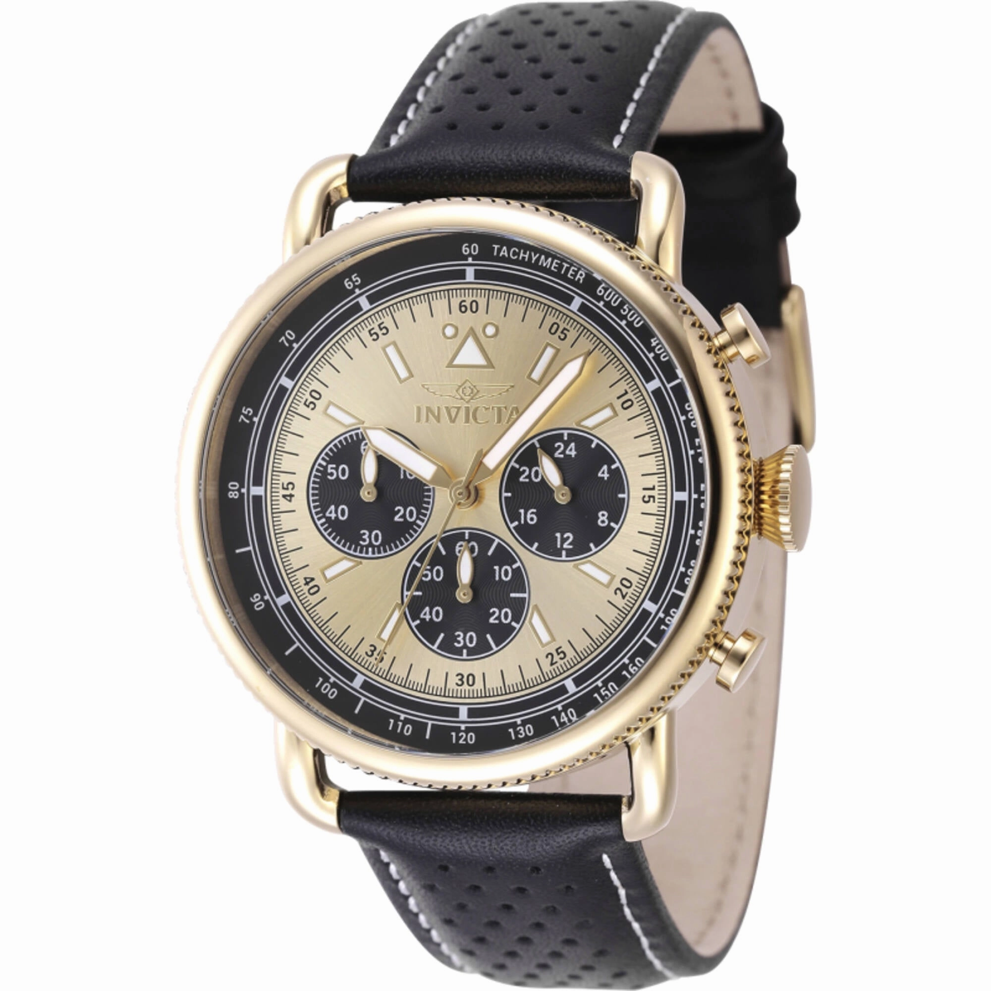 Invicta Men's Chronograph Watch - Speedway Gold Tone Dial Black Leather Strap | 47365
