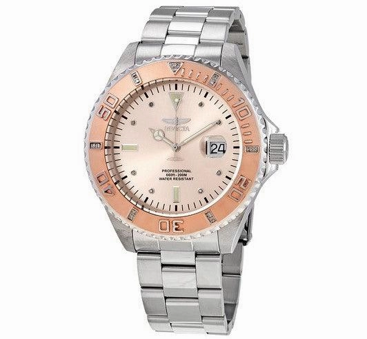 Invicta Men's Diamond Watch - Pro Diver Date Rose Gold Dial Silver Bracelet | 17309