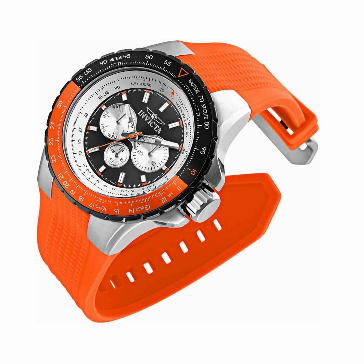 Invicta Men's Quartz Watch - Aviator Black and Silver Dial Orange Rubber Strap | 33035