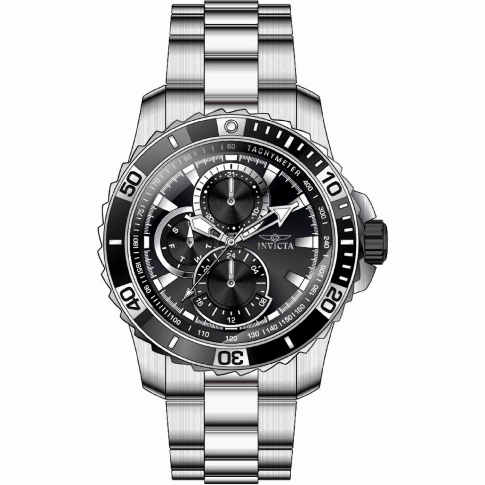 Invicta Men's Watch - Pro Diver Scuba Black Dial Silver Bracelet Day-Date | 45745