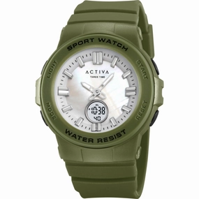 Invicta Unisex Watch Activa White Ana-Digi Dial Army Green Strap ACW2125-003