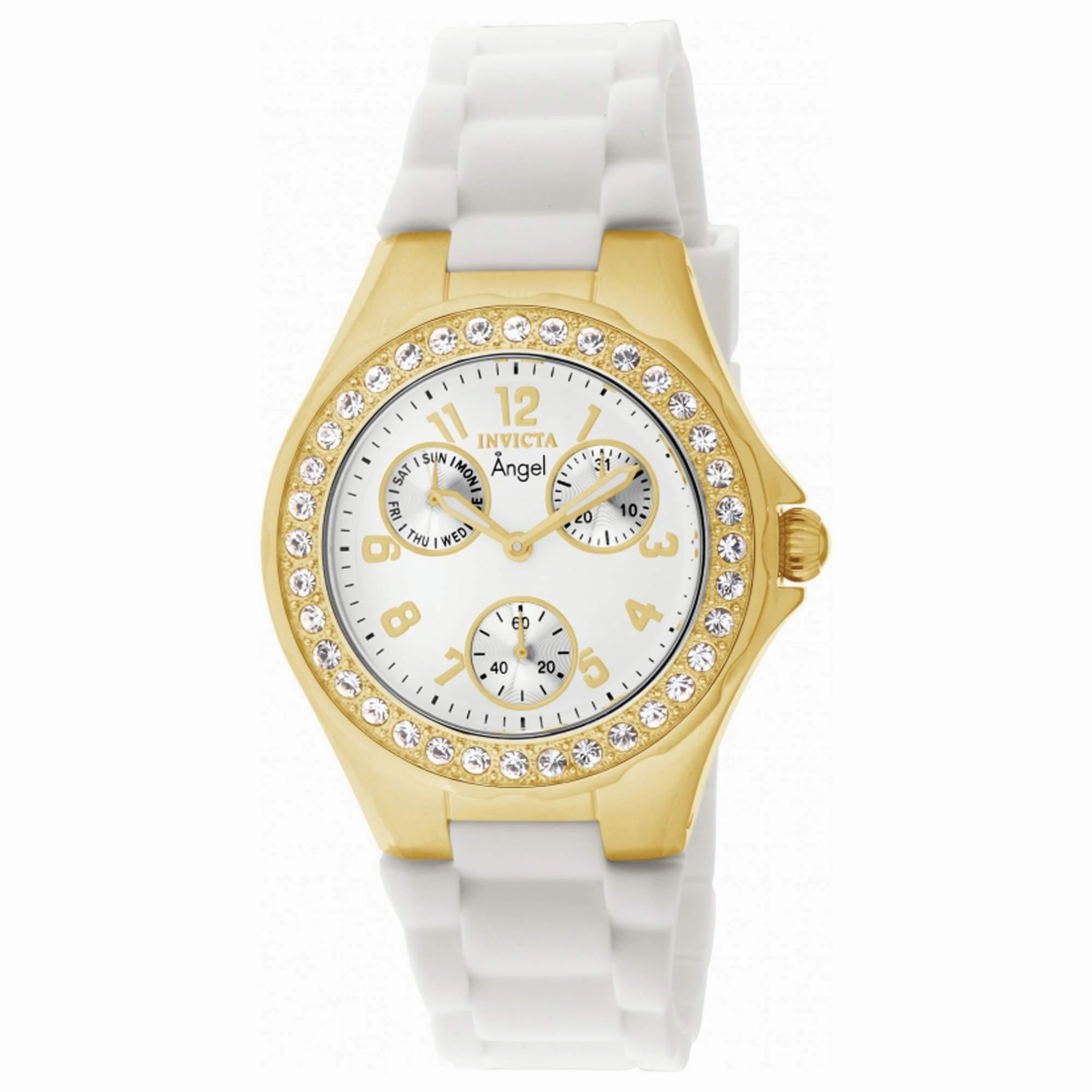 Invicta Women's Chrono Watch - Angel Yellow Gold Case White Dial Silicone Strap | 1644