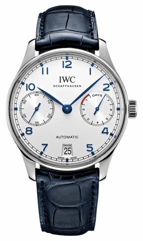 IWC Portugieser Automatic Stainless Steel Silver-Tone Dial Blue Leather Strap Date Mens Watch IW500705