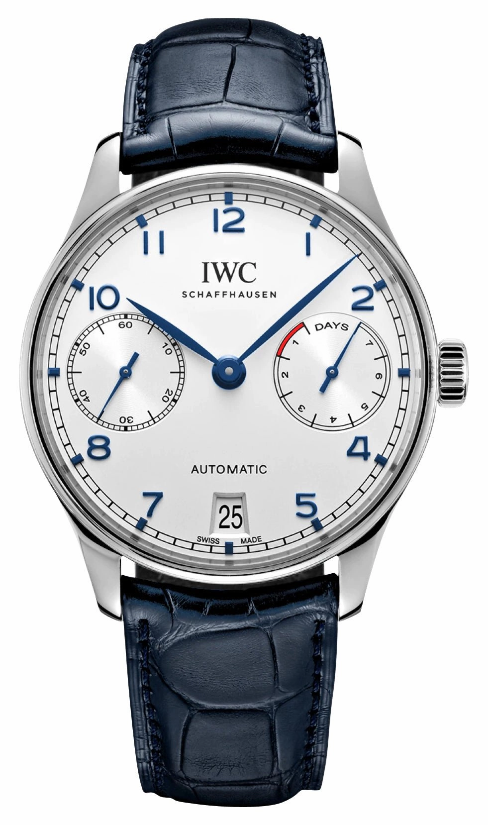IWC Portugieser Automatic Stainless Steel Silver-Tone Dial Blue Leather Strap Date Mens Watch IW500705