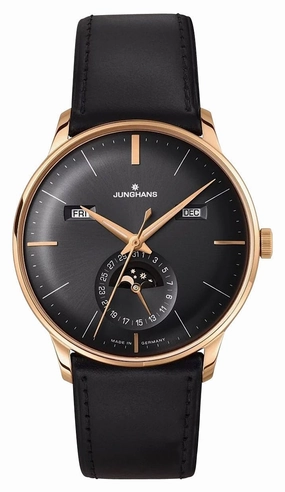 Junghans Meister Kalender Datum Englisch Automatic Rose Gold PVD Black Dial Black Leather Strap Day/Date Month Moonphase Mens Watch 27/7504.03