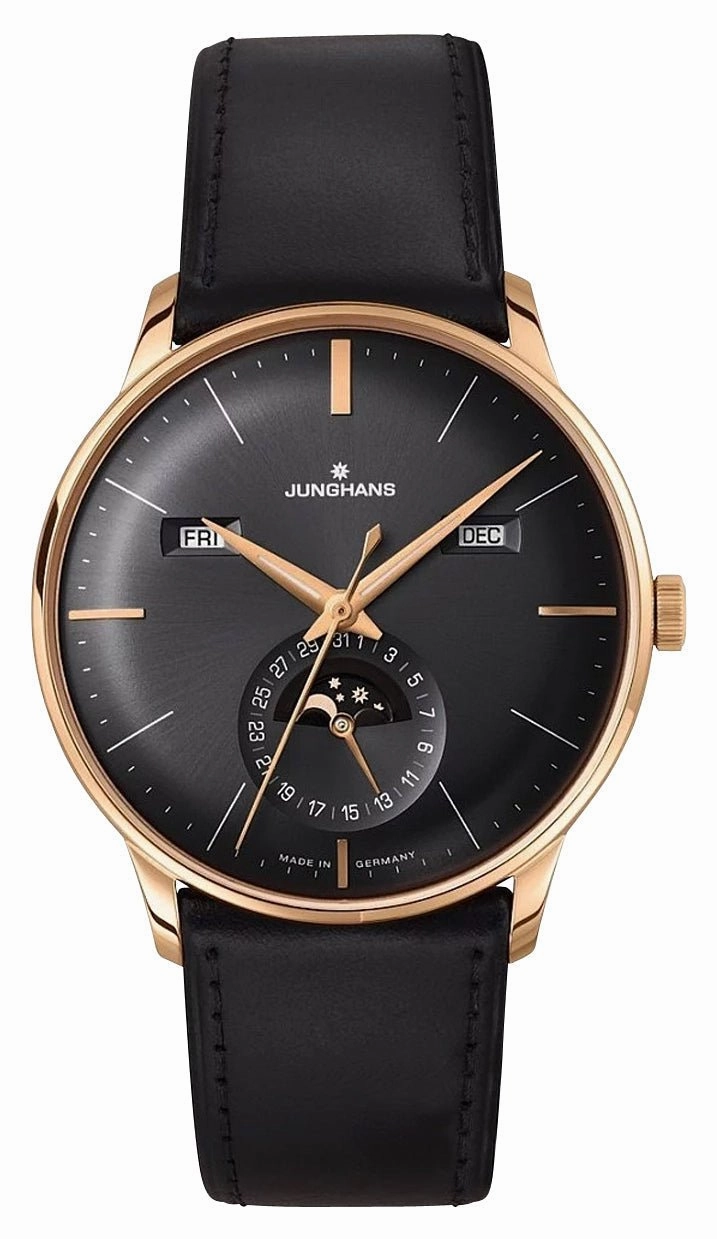 Junghans Meister Kalender Datum Englisch Automatic Rose Gold PVD Black Dial Black Leather Strap Day/Date Month Moonphase Mens Watch 27/7504.03