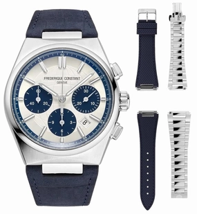 Limited Edition Frederique Constant Highlife Automatic Chronograph Silver Dial Blue Leather Strap Interchangeable Blue Rubber/Steel Bracelet Date Mens Watch FC-391WN4NH6