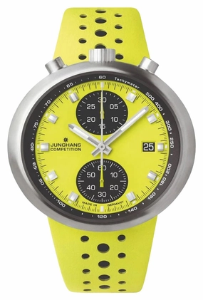 Limited Edition Junghans 1972 Competition FIS Lemon Automatic Chronograph Stainless Steel Yellow Dial Yellow Leather Strap Date Mens Watch 27/4305.00