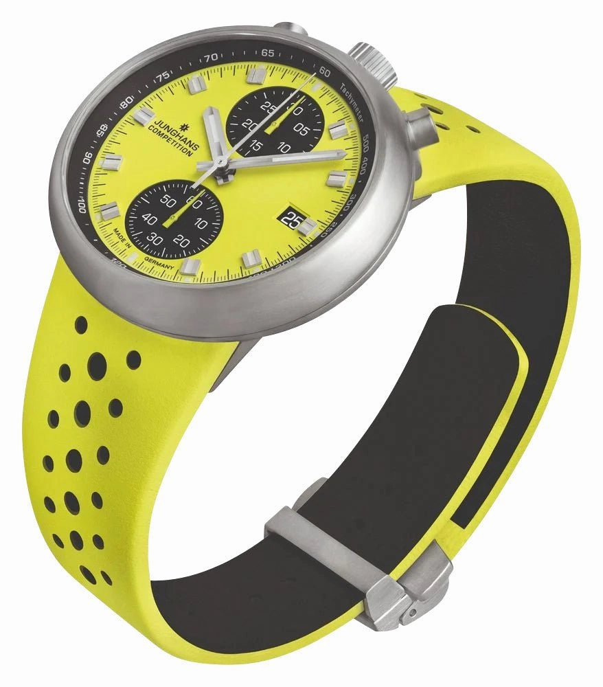 Limited Edition Junghans 1972 Competition FIS Lemon Automatic Chronograph Stainless Steel Yellow Dial Yellow Leather Strap Date Mens Watch 27/4305.00