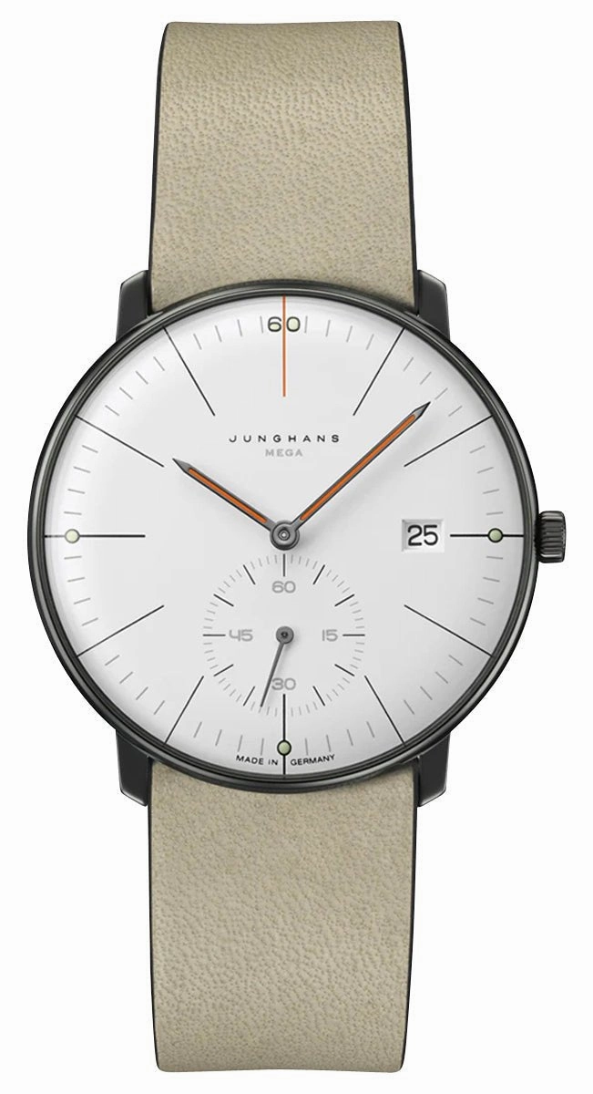 Limited Edition Junghans Max Bill MEGA Kleine Sekunde Edition 60 Gray PVD White Dial Gray Leather Strap Date Quartz Mens Watch 58/4100.02