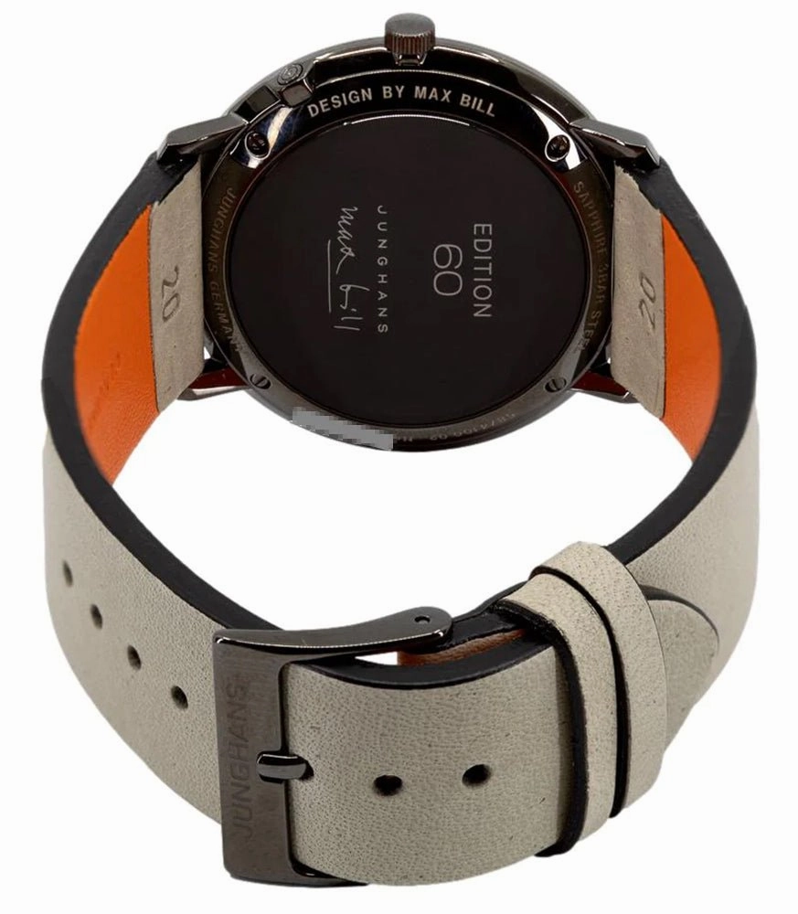 Limited Edition Junghans Max Bill MEGA Kleine Sekunde Edition 60 Gray PVD White Dial Gray Leather Strap Date Quartz Mens Watch 58/4100.02