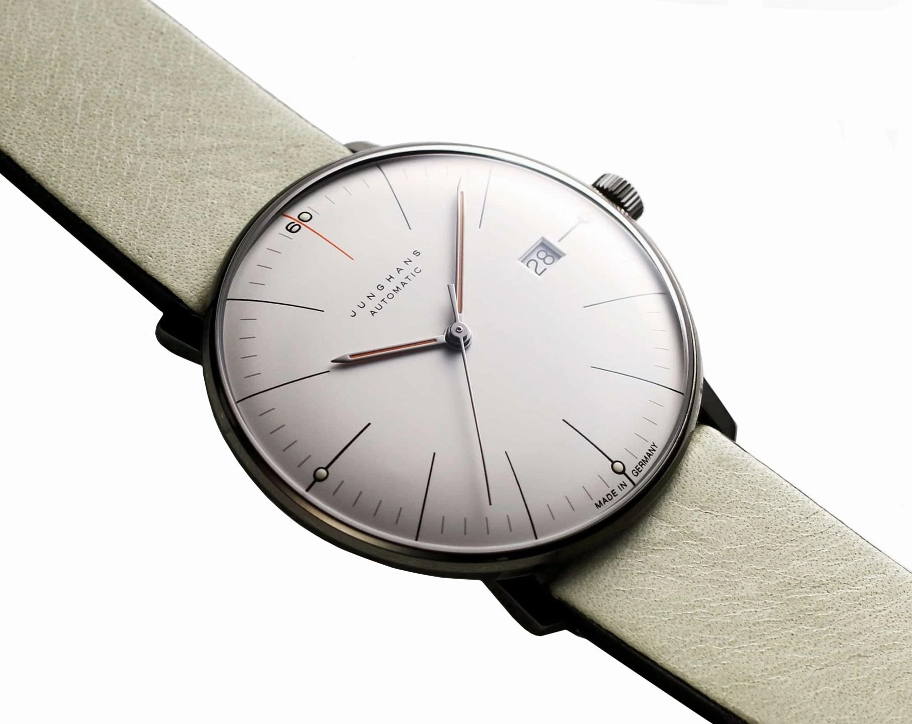 Limited Edition Junghans Max Bill MEGA Kleine Sekunde Edition 60 Gray PVD White Dial Gray Leather Strap Date Quartz Mens Watch 58/4100.02