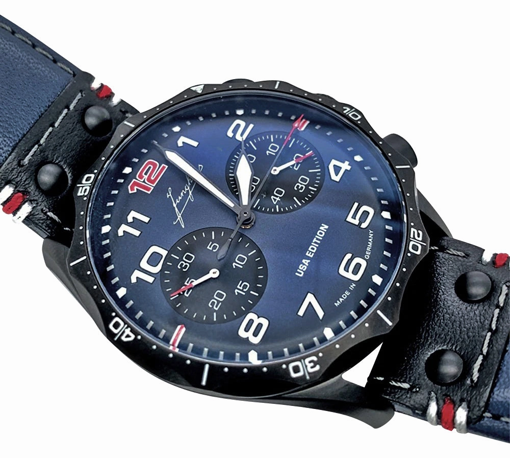 Limited Edition Junghans Pilot Chronoscope Navy Blue USA Automatic Chronograph DLC Blue Dial Blue Leather Strap Mens Watch 27/3395.00