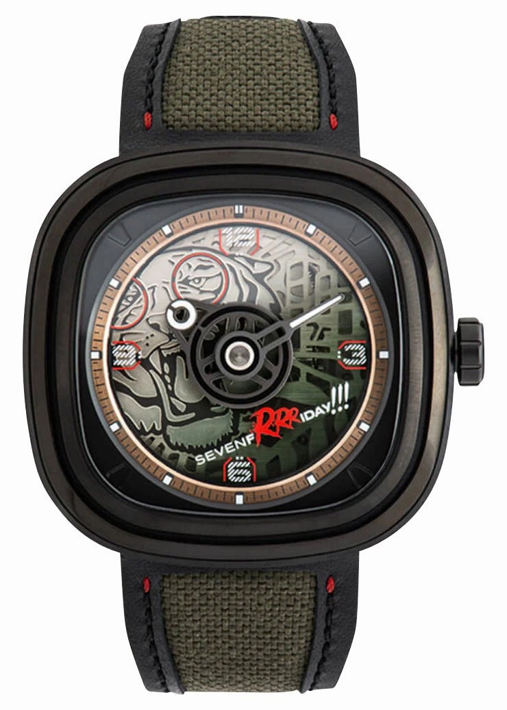 Limited Edition SEVENFRIDAY T-Series Green Tiger Automatic Black PVD Green Skeleton Dial Black/Green Leather Strap Mens Watch T3/04