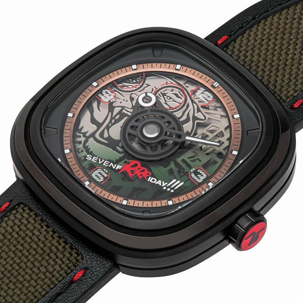 Limited Edition SEVENFRIDAY T-Series Green Tiger Automatic Black PVD Green Skeleton Dial Black/Green Leather Strap Mens Watch T3/04