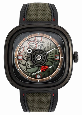 Limited Edition SEVENFRIDAY T-Series Green Tiger Automatic Black PVD Green Skeleton Dial Black/Green Leather Strap Mens Watch T3/04