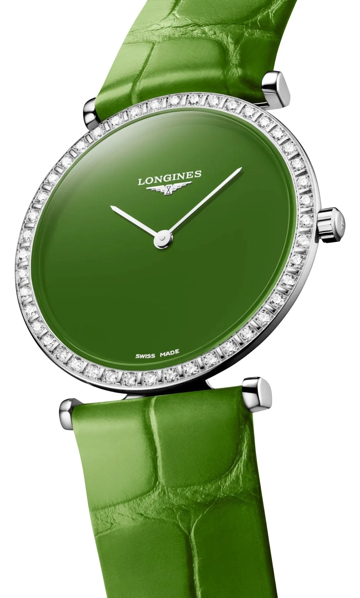 Longines La Grande Classique Monochrome Stainless Steel Green Dial Green Leather Strap Diamonds Quartz Womens Watch L4.523.0.60.2
