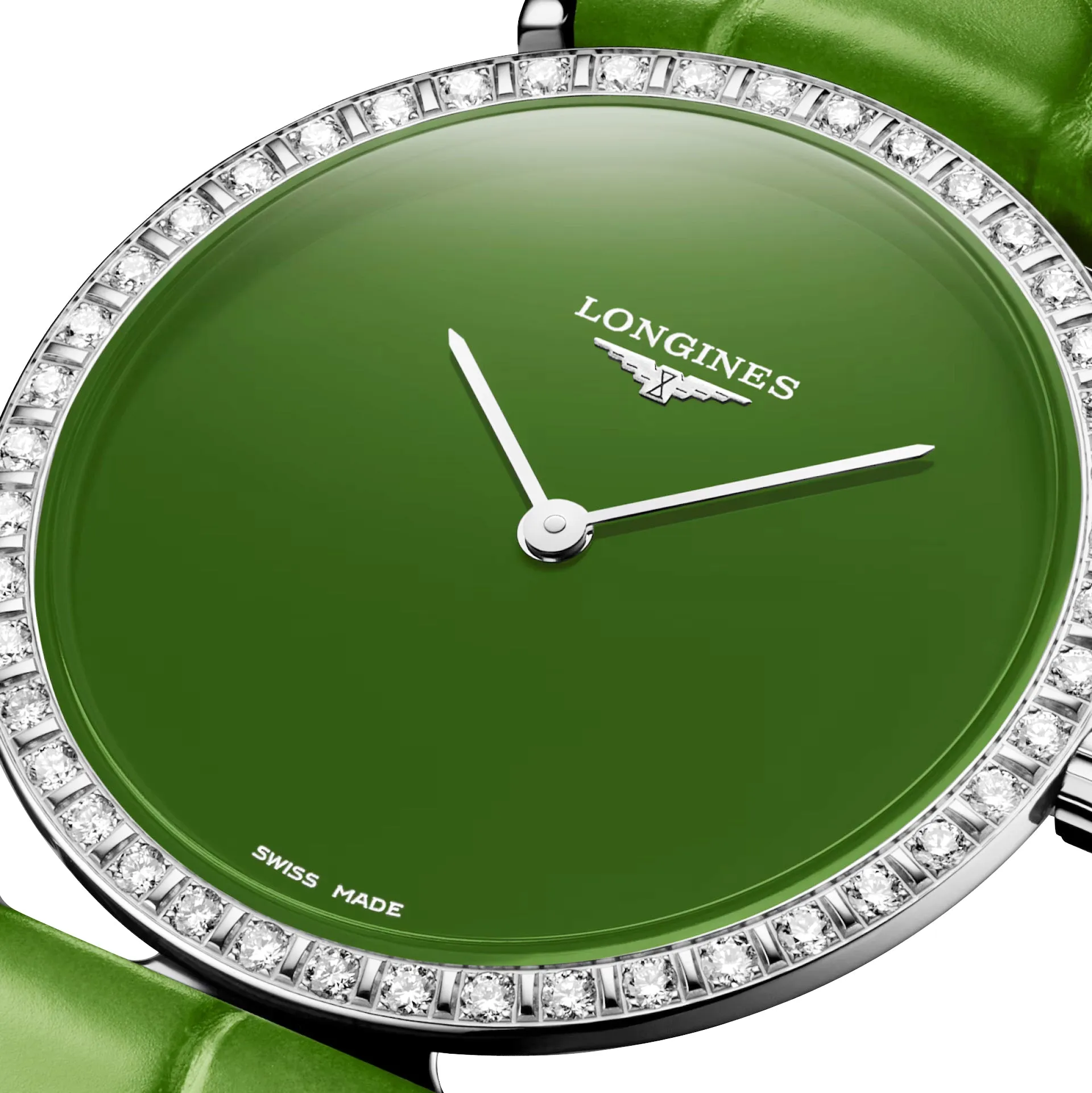Longines La Grande Classique Monochrome Stainless Steel Green Dial Green Leather Strap Diamonds Quartz Womens Watch L4.523.0.60.2