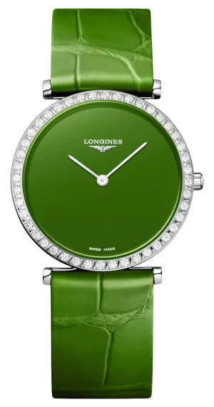 Longines La Grande Classique Monochrome Stainless Steel Green Dial Green Leather Strap Diamonds Quartz Womens Watch L4.523.0.60.2
