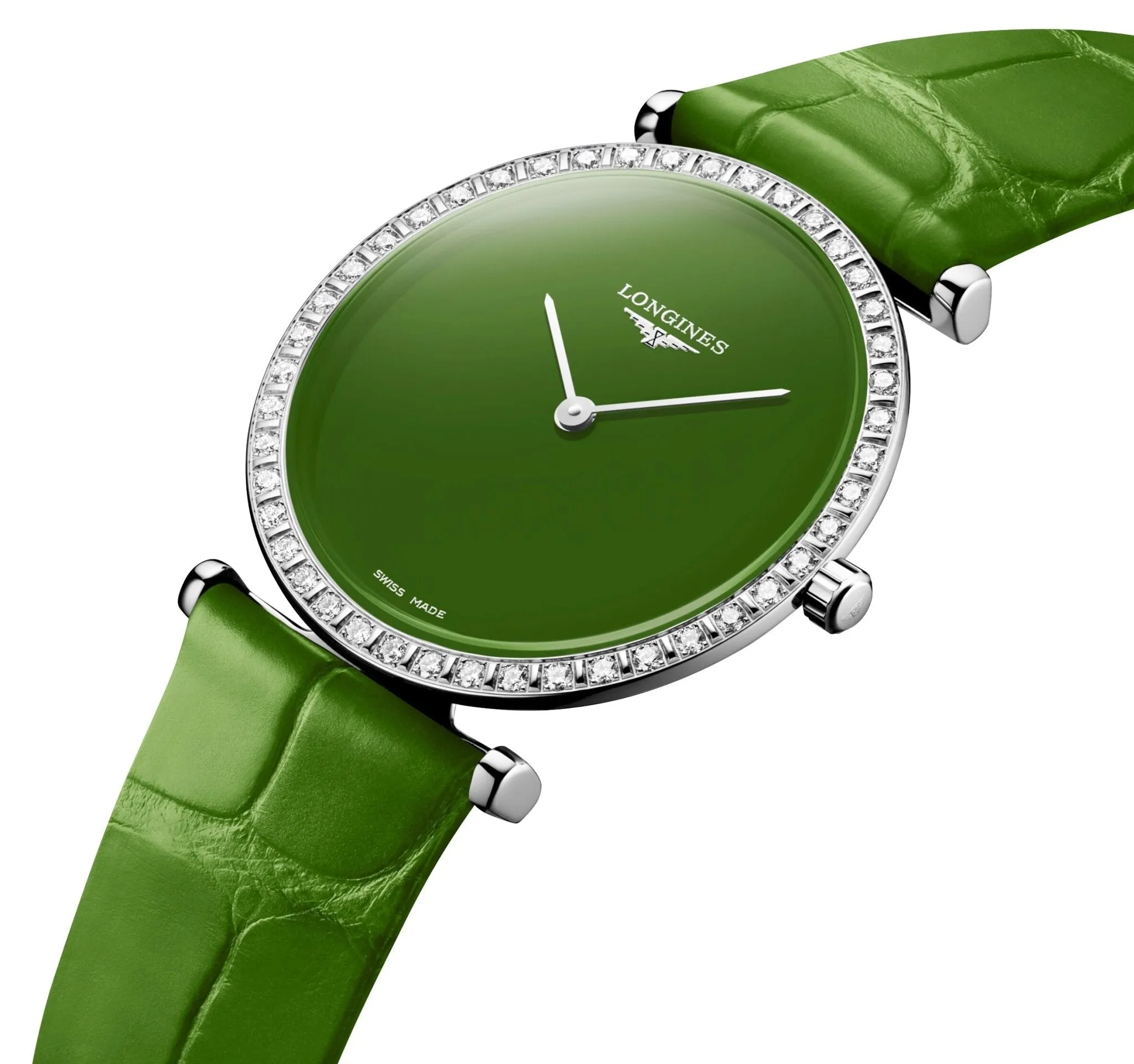 Longines La Grande Classique Monochrome Stainless Steel Green Dial Green Leather Strap Diamonds Quartz Womens Watch L4.523.0.60.2