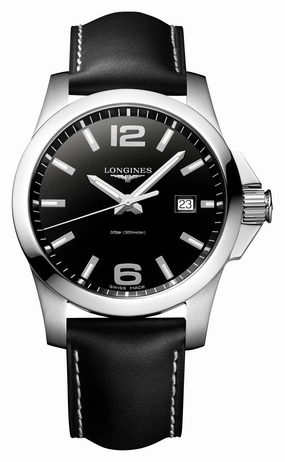 Longines Conquest Stainless Steel Black Dial Black Leather Strap Date Divers Quartz Mens Watch L3.760.4.56.3