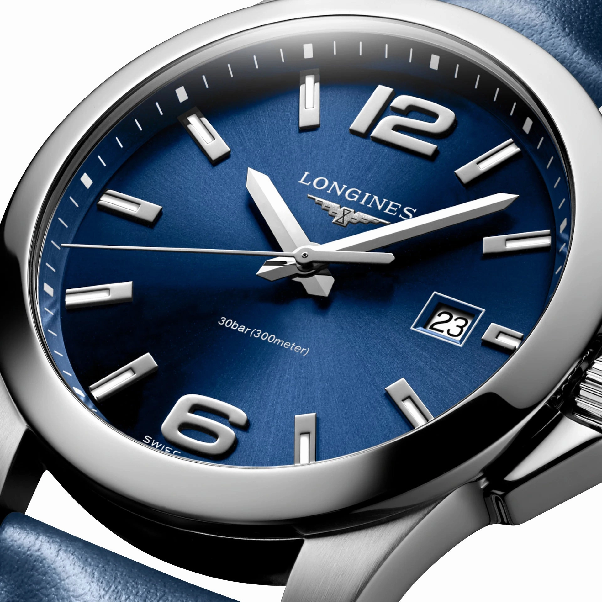 Longines Conquest Stainless Steel Blue Dial Blue Leather Strap Date Divers Quartz Mens Watch L3.759.4.96.0