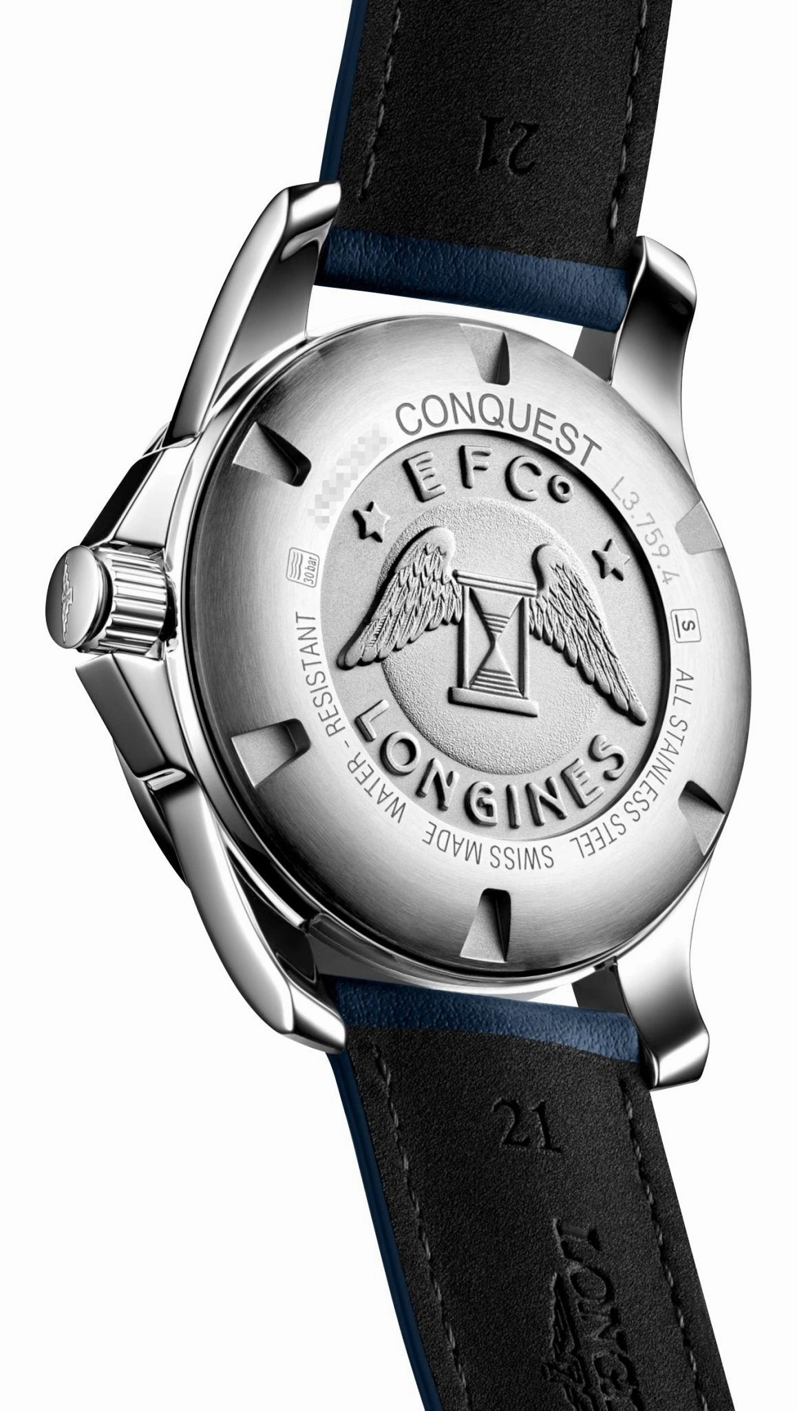 Longines Conquest Stainless Steel Blue Dial Blue Leather Strap Date Divers Quartz Mens Watch L3.759.4.96.0