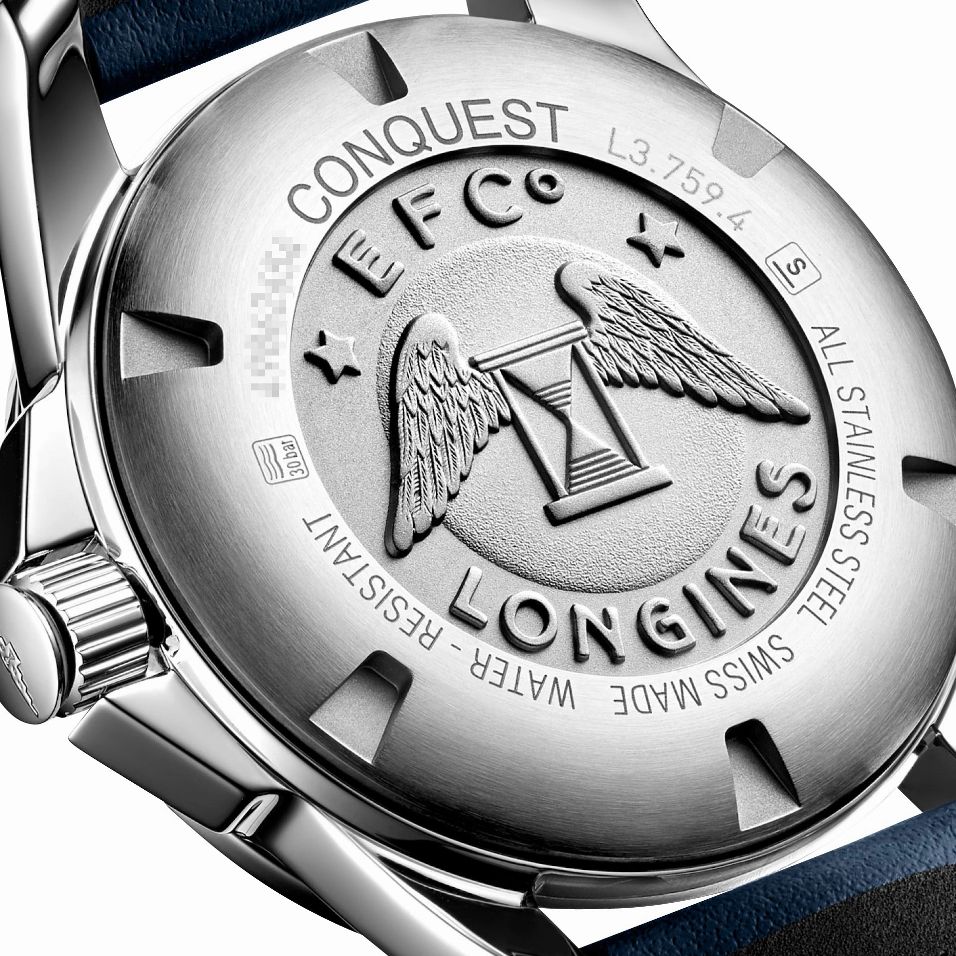 Longines Conquest Stainless Steel Blue Dial Blue Leather Strap Date Divers Quartz Mens Watch L3.759.4.96.0