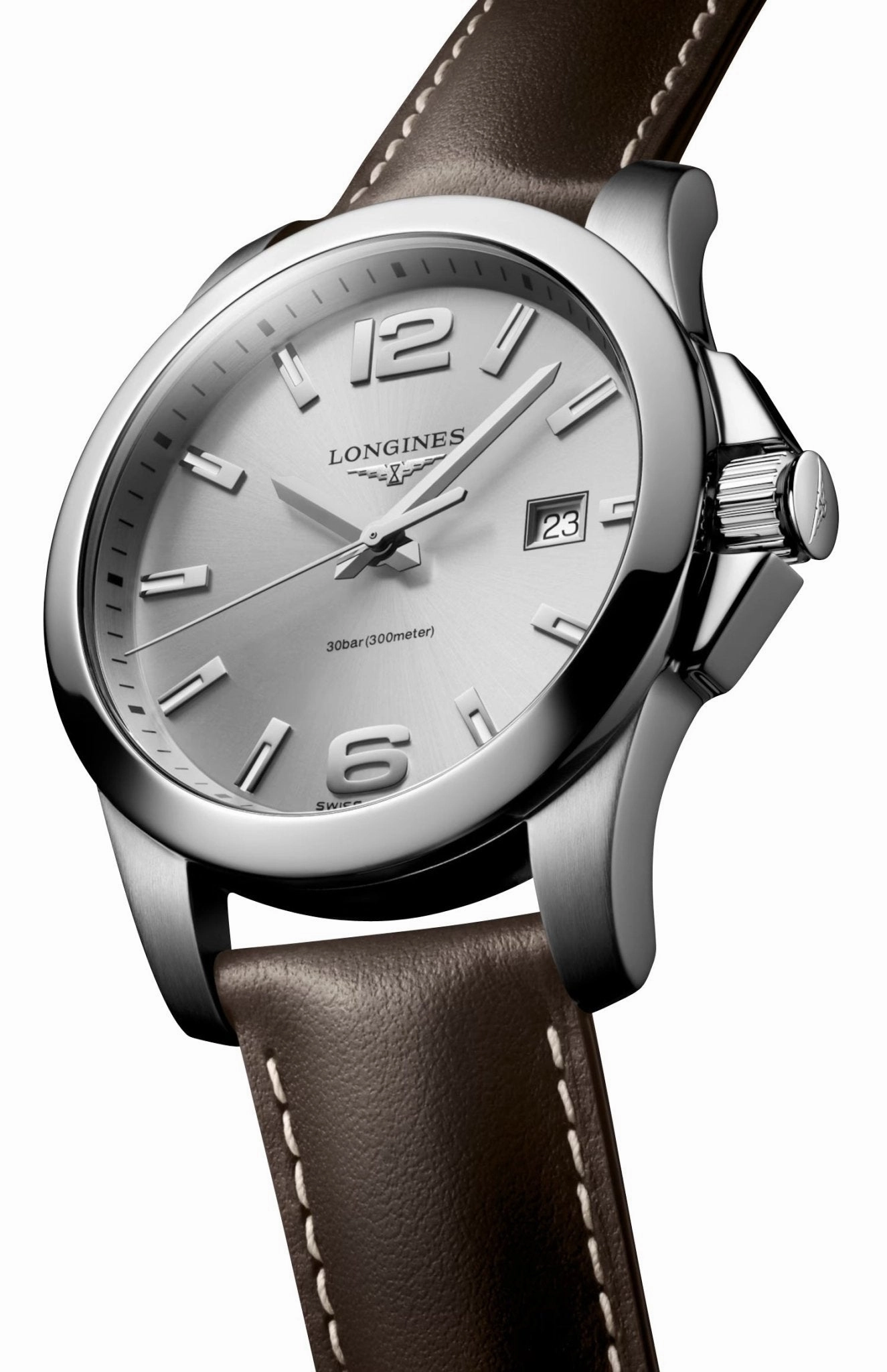 Longines Conquest Stainless Steel Silver Dial Brown Leather Strap Date Divers Quartz Mens Watch L3.759.4.76.5